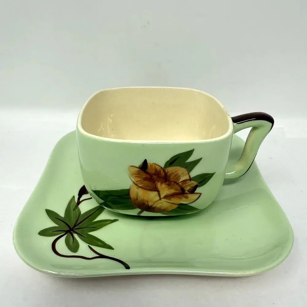 Weil Ware California Pottery Cup & Plate Set Hand Decorated Bamboo Lotus Vintage